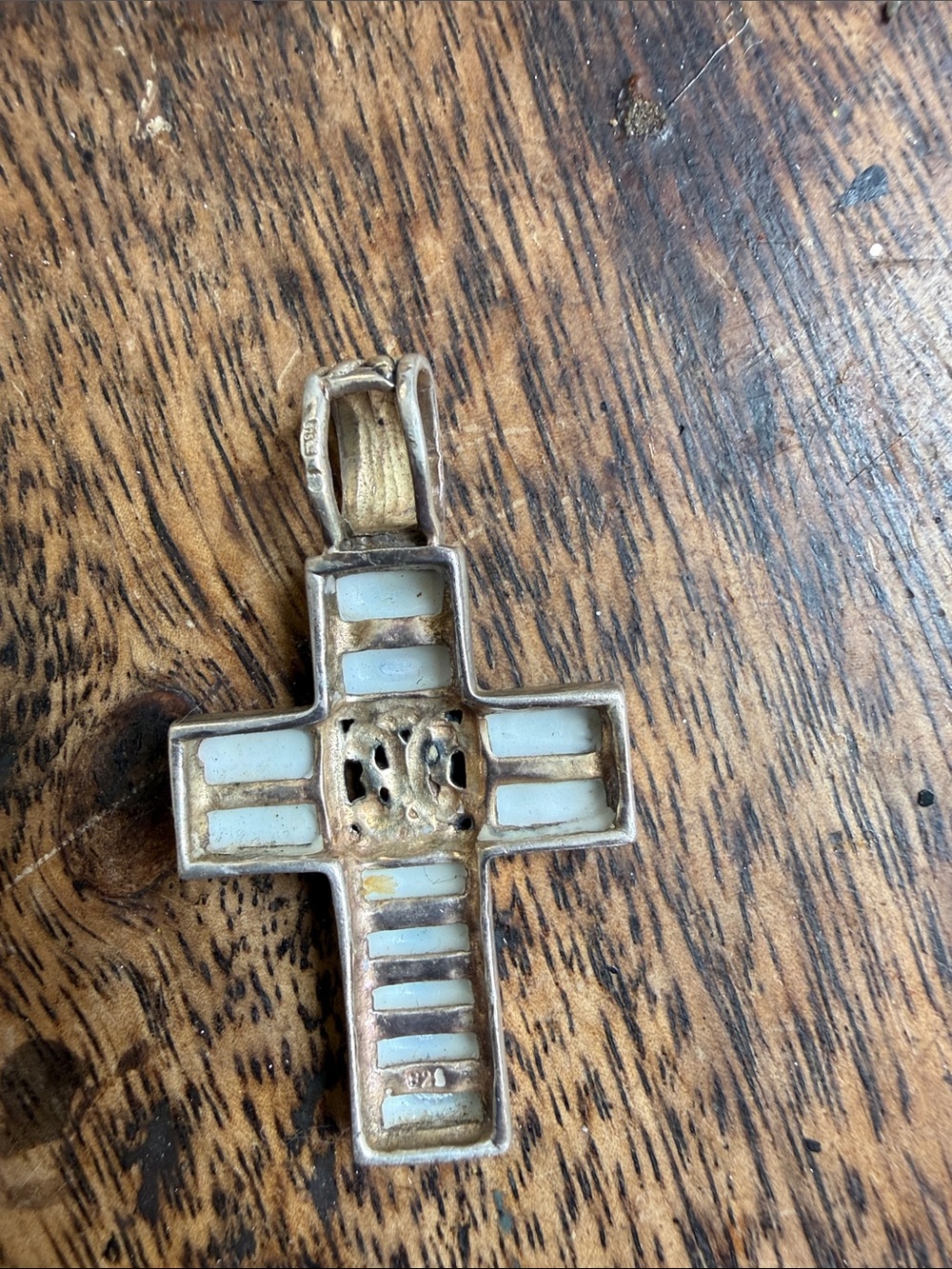 Vintage Sterling Silver 925 Mother of Pearl Cross Pendant Lg Artisan Religious - Picture 3 of 9